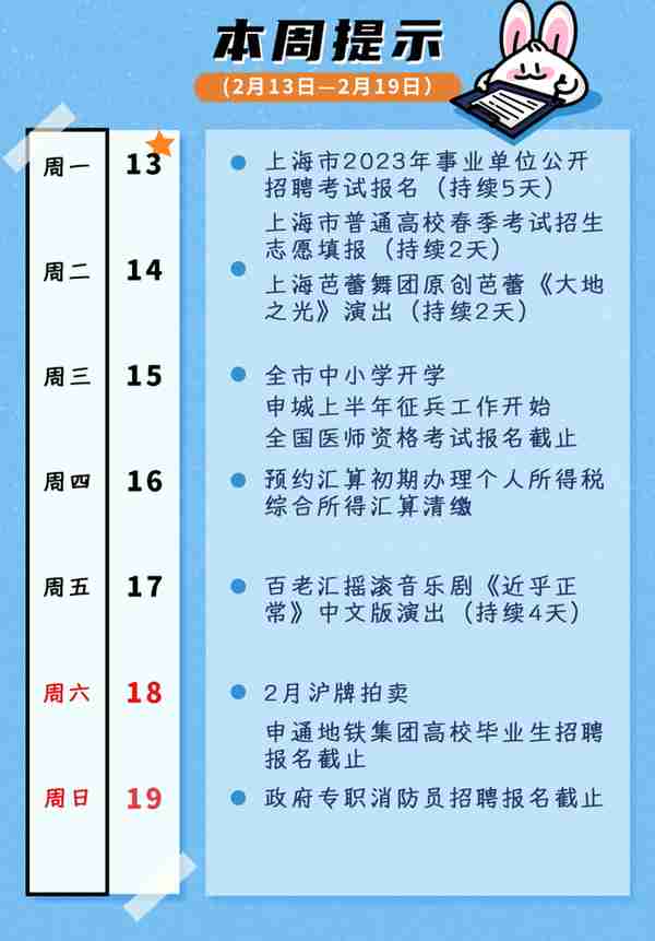 中小学开学、春考志愿填报、事业单位公开招聘启动、2月沪牌拍卖……本周提示来了！