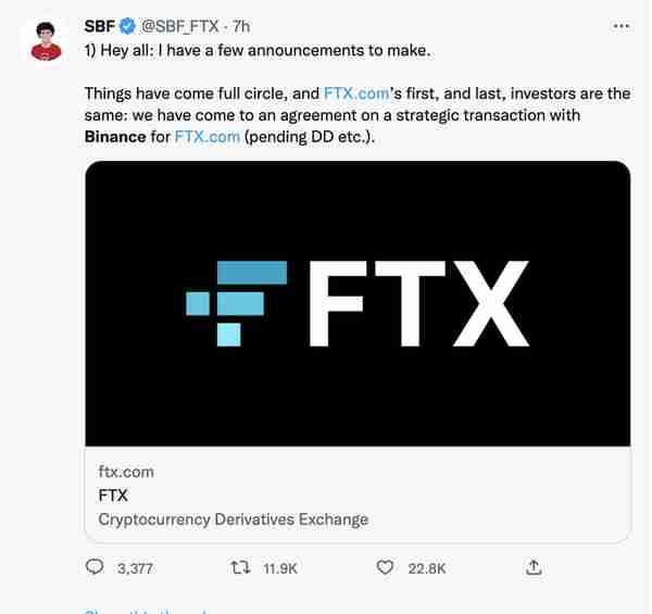 币安创始人宣布收购竞争对手FTX，加密货币市场应声暴跌