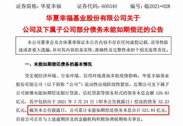 华夏幸福逾期债务增加已达323.84亿 股价持续走低难有反转